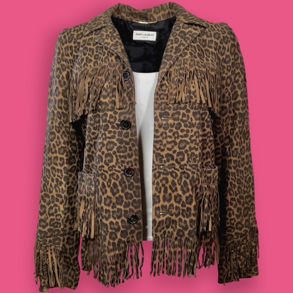 AUTHENTIC Saint Laurent Brown Fringe Leopard Print Suede Curtis Jacket - Size 36